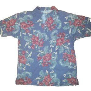 Vintage L.L. Bean Polo Shirt Size Large Short Sleeve Blue Summer Casual Floral